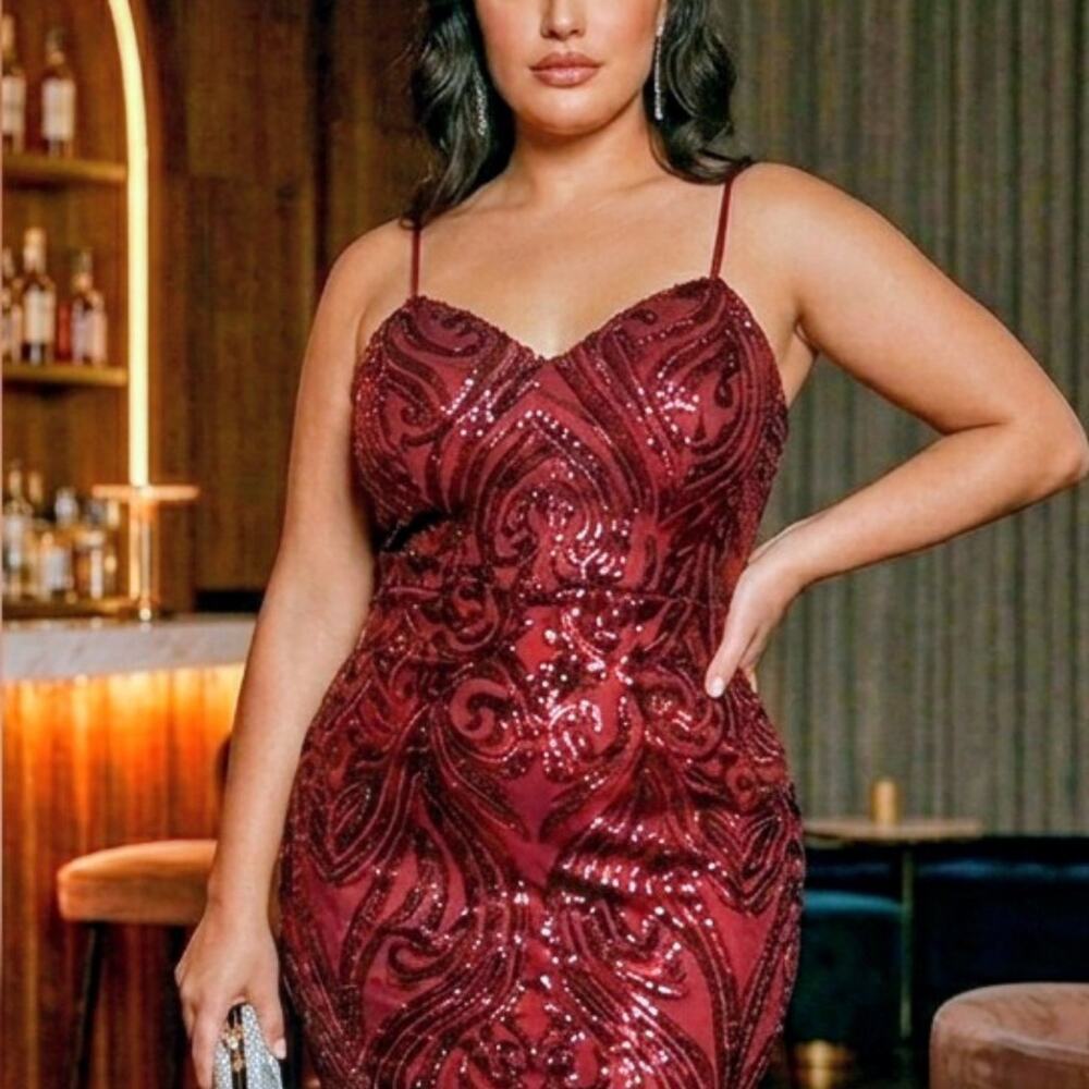Jules & Cleo Burgundy Sequin Plunge Neck Cocktail Dress 16